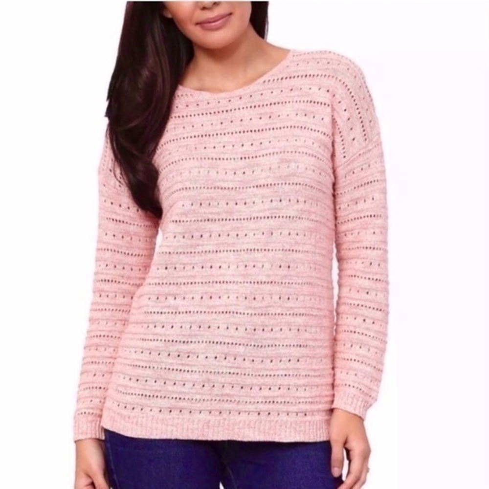 Leo&Nicole Pointelle Eyelet Knit Sweater Pastel Baby Pink Top Cotton Romantic M